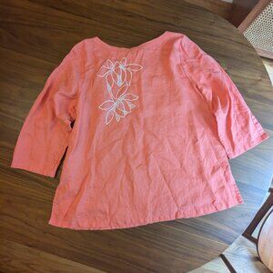 alexandra bartlett 100% linen top 1x salmon tunic embroidered floral button